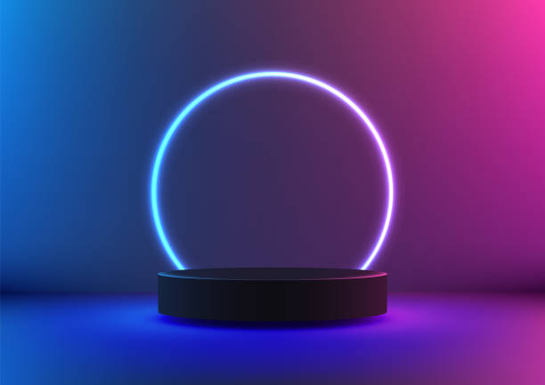 istock 3D Black Podium with Vibrant Blue and Pink Neon Ring, Modern Technology Concept for Product Display and Showcase 2169375384