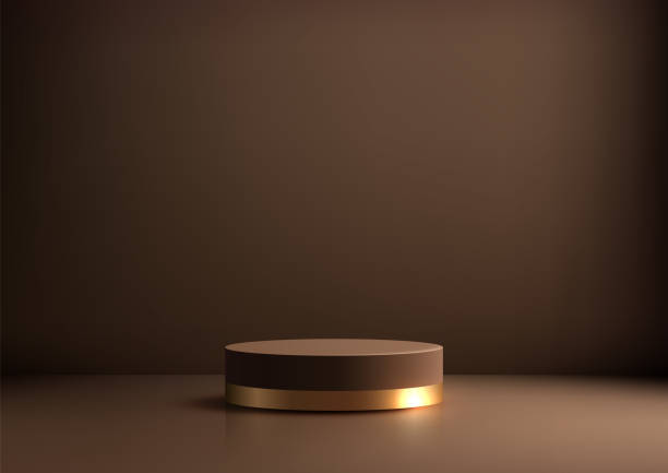 istock Luxury 3D Circular Brown Podium with Gold Band Against Dark Background, Elegant Mockup Design for Product Display, Showcase Scene for Showroom 2169375432
