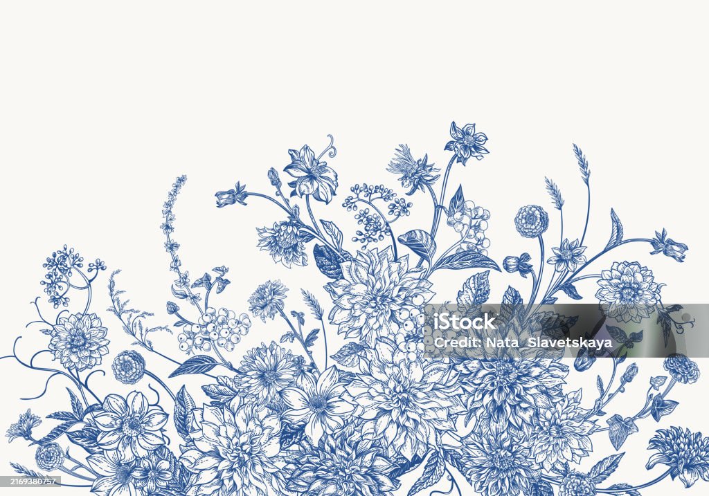Vintage card with garden flowers Vintage card with garden flowers in engraving style. Bouquet with chrysanthemums, dahlias, dogwood berries, zinnias, spikelets. Vector botanical detailed illustration. Blue Flower stock vector Vintage card with garden flowers Vintage card with garden flowers in engraving style. Bouquet with chrysanthemums, dahlias, dogwood berries, zinnias, spikelets. Vector botanical detailed illustration. Blue Flower stock vector