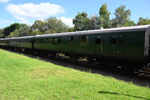 Southern Railway carriages on a heritage railway during August 2024.