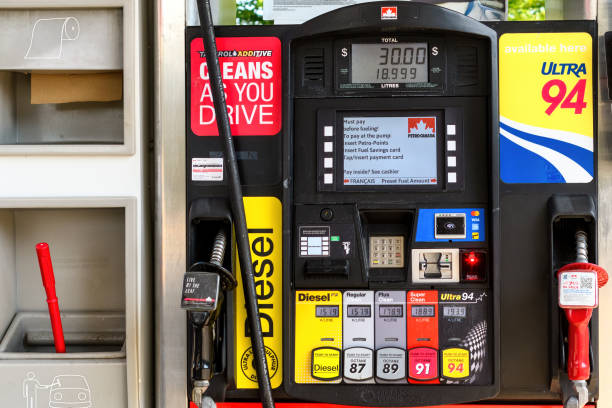 Toronto, Canada - August 25, 2024: A gas pump with diverse kinds of fuel. The equipment is seen on a Petro-Canada gas station.