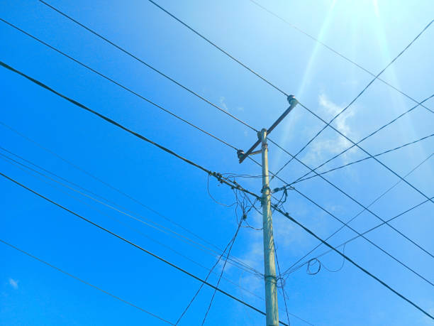 Electric poles and cables on a blue sky background.