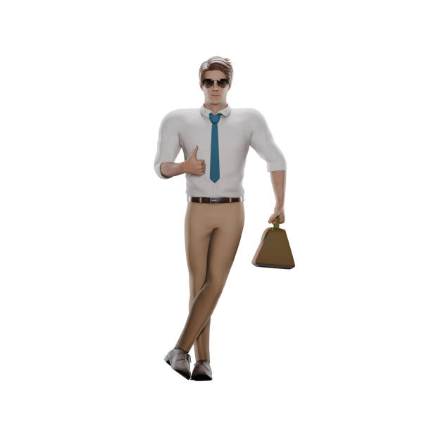 Educational Expert 3D. Male teacher is standing with his left hand carrying a bag while his right hand is sticking out his thumb in front of his chest. Teacher Cartoon