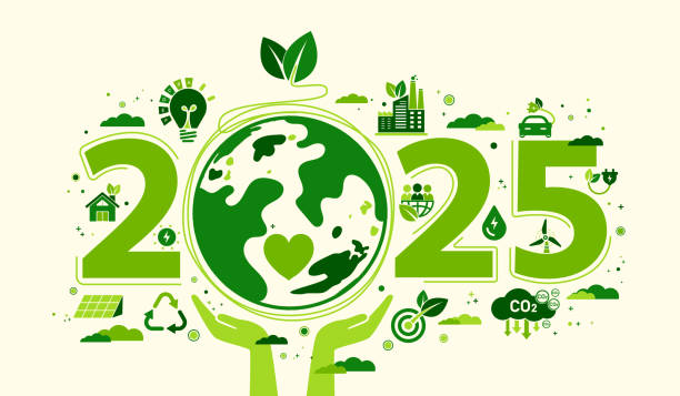 bildbanksillustrationer, clip art samt tecknat material och ikoner med 2025 new year, eco friendly, sustainability planning concept with globe and world environmental green doodle icons drawing set on white background ,vector illustration - hållbar livsstil
