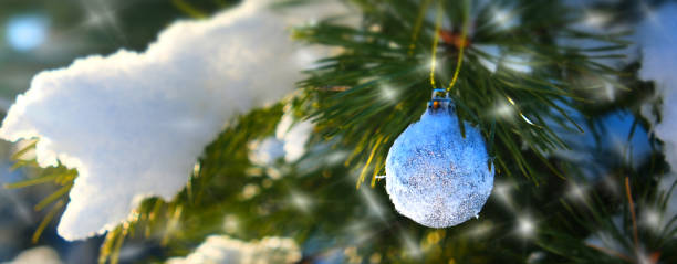 Christmas tree with decorations, back yard. Snowing. Snow covered trees in a winter landscape. Cold weather. Beauty in nature