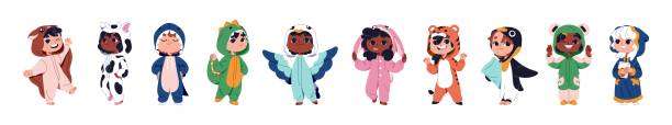 Set of kids is dressed into cute animal costumes. Row of children wearing funny onesies. Girls and boys in different kigurumi, pajamas have fun. Flat isolated vector illustrations on white background Set of kids is dressed into cute animal costumes. Row of children wearing funny onesies. Girls and boys in different kigurumi, pajamas have fun. Flat isolated vector illustrations on white background. kid animal costume stock illustrations