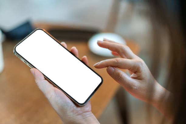 istock Human working on modern smartphone with blank white mobile screen for advertising, mockup, technology, advertising, search information, creative design, social media, online marketing, chat, phone 2169410832