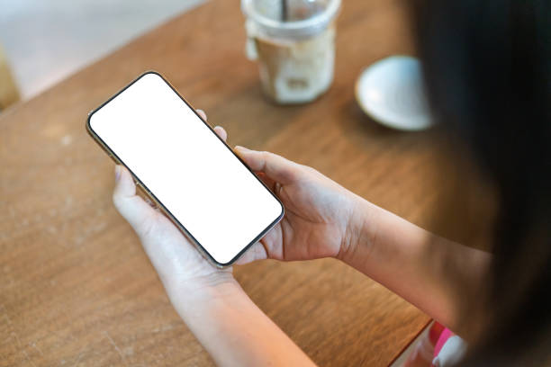 istock Human working on modern smartphone with blank white mobile screen for advertising, mockup, technology, advertising, search information, creative design, social media, online marketing, chat, phone 2169410841
