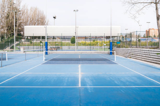 istock Empty blue pickleball court under clear sky, front view with net centered 2169411245