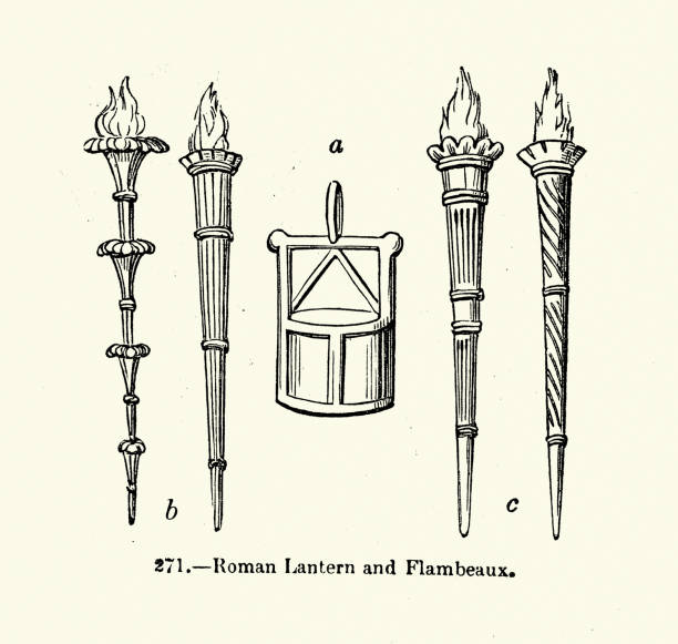 Ancient Roman Flambeaux, Flaming torch and lantern, Vintage illustration