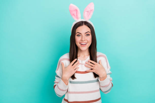 istock Photo of dream charming lady easter celebration concept wear bunny ears striped pullover isolated blue color background 2169421689