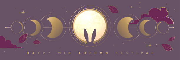 istock Mid-autumn festival banner with full moon, moon phases and rabbit ears. Vector illustration 2169423569