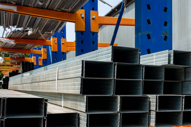 istock Stack of gray stainless steel metal profile close-up 2169425182