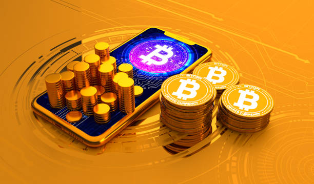 Golden Smartphone with Bitcoin Icon and Coin Stack – Cryptocurrency Trading and Digital Wallet Concept 3D Rendering