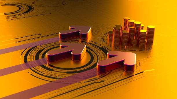 istock 3D Arrows Progressing on a Gold Digital Surface Towards a Stack of Coins – Symbolizing Financial Growth and Digital Transformation 3D Rendering 2169439294