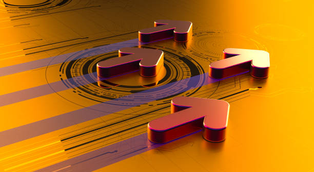 Red 3D Arrows Moving Forward in Unison on Gold Digital Surface – Focus on Goals and Target Achievement 3D Rendering