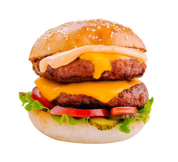 istock Delicious double beef burger with melted cheese and vegetables on white background 2169439727