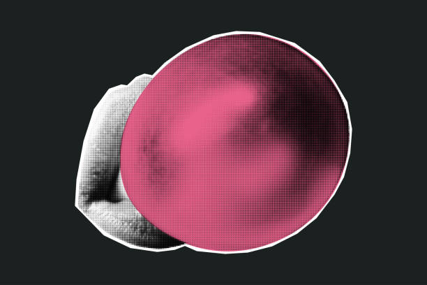 istock Halftone collage banner, cut out newspaper mouth with pink bubble gum 2169441715