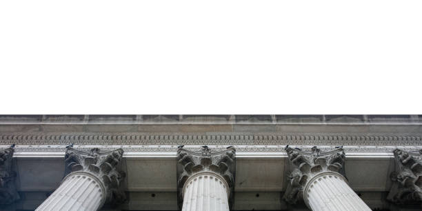 Stone pillars row detail isolated on white, transparent, high angle view. Classical building facade