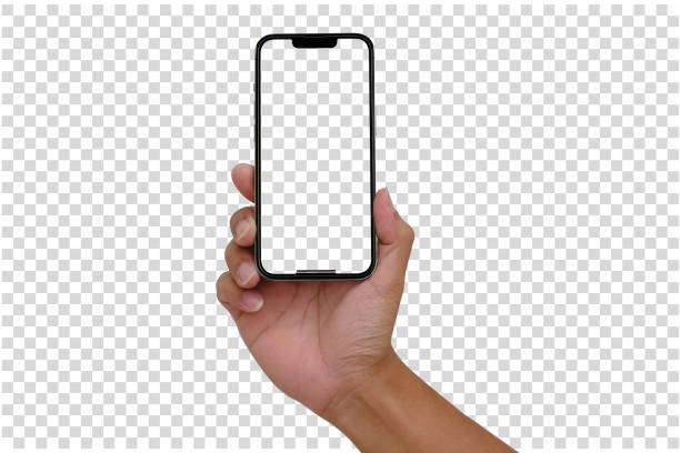 istock Hand holding the black smartphone with blank screen and modern frameless design positions - isolated on white background - Clipping Path 2169456244