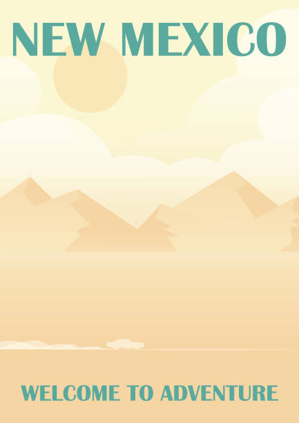 Retro style travel poster, United States, New Mexico. Desert Highway and a passing car illustration Retro style travel poster, United States, New Mexico. Desert Highway and a passing car illustration landscape. Car in the desert with mountains and clouds new mexico landscape stock illustrations