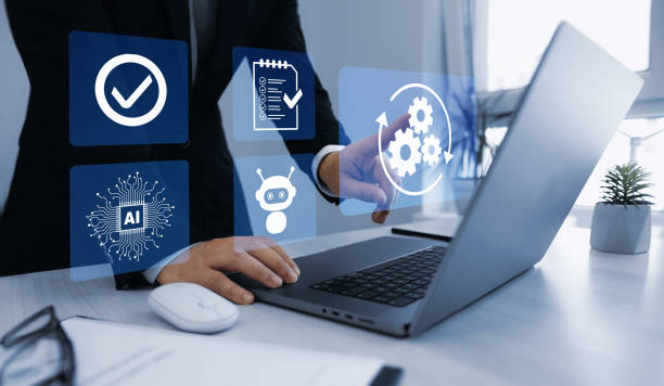 istock Robotic process automation or RPA.Technology to automate business tasks with AI robotic management.Automated industrial technology with digital transformation.Business process optimisation. 2169467220