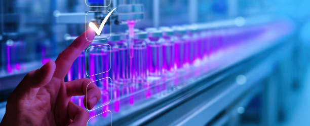 a hand touching a virtual checklist with a checkmark, symbolizing approval, against the backdrop of an automated pharmaceutical production line.