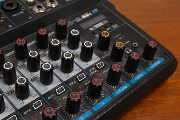 istock The volume control knob of a digital audio mixer. 2169471942
