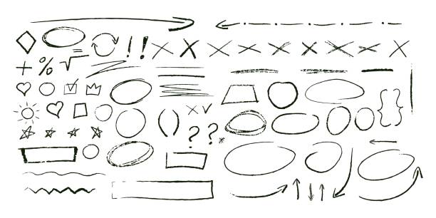 Black underline pencil hand drawn various ellipses, punctuation marks, direction pointers, arrows, stars, question mark and exclamation point. Vector grunge black strike through and underline element. Black underline pencil hand drawn various ellipses, punctuation marks, direction pointers, arrows, stars, question mark and exclamation point. Vector grunge black strike through and underline elements sketch stock illustrations