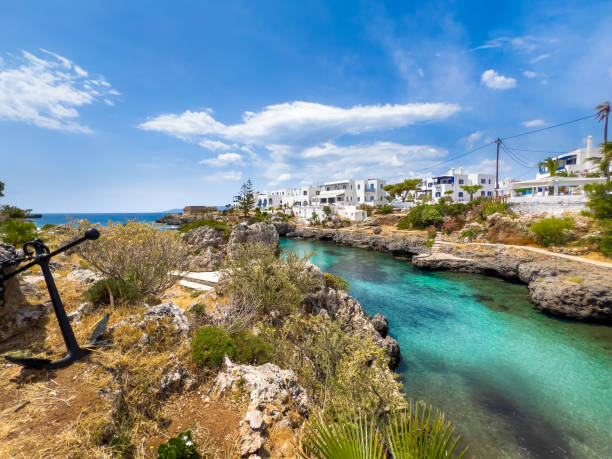 famous seaside village of avlemonas with beautiful natural scenic fjord in island of kythera, south aegean sea, greece - citera immagine foto e immagini stock