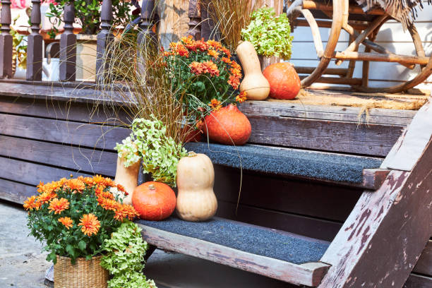 istock Autumn entryway decor, staircase decor with pumpkins and fall flowers 2169474888