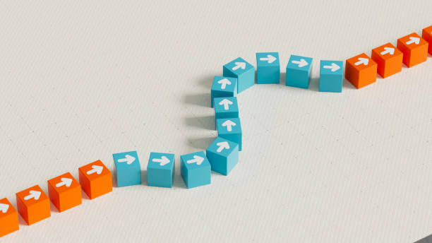 Flexibility and Adaptation Concept. Curved Path of Cubes with Arrows Showing the Ability to Adapt and Navigate Change. 3D Rendering.