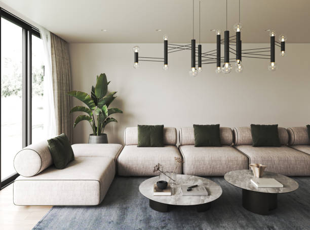 istock Modern living room featuring a cozy sofa combined with elegant and stylish lighting solutions, 3d rendering 2169503583