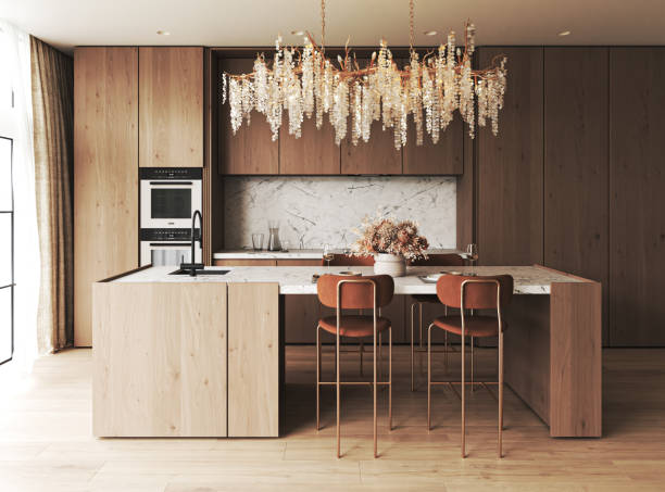 istock Stylish modern kitchen featuring elegant lighting and chic barstools for a perfect atmosphere, 3d rendering 2169503677