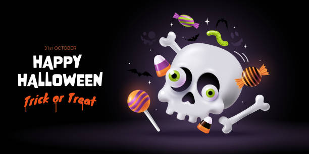 istock Happy Halloween - Trick or Treat banner. Creative illustration with floating funny skull and falling sweets for kids around. Isolated on dark background. Halloween greeting card concept. 3d style. 2169504825