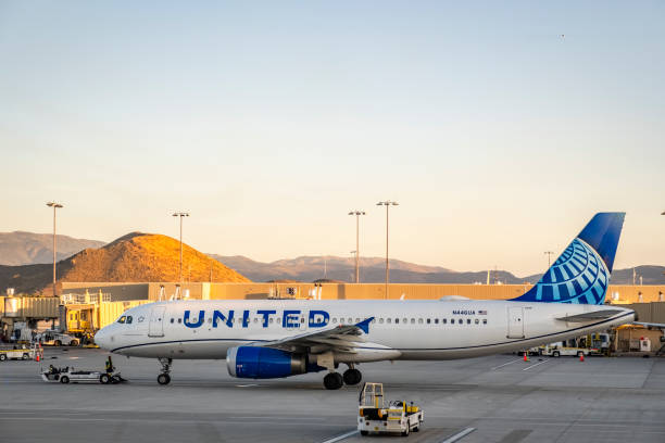 Reno, NV - August 22, 2024: A United Airlines A320 on the ramp at Reno International Airport. The aircraft registration number is N446UA.