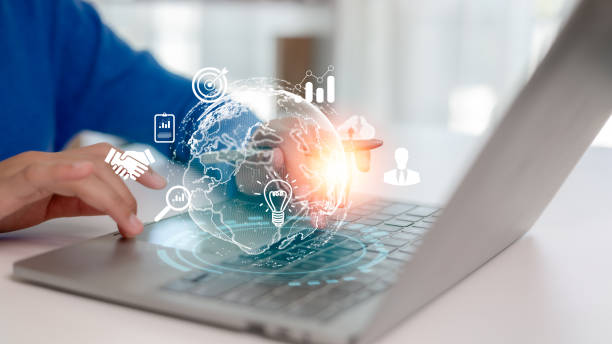 istock woman with a virtual Global Internet connection metaverse. Business global internet connection application technology and digital marketing, Financial, and banking, Digital link tech, big data 2169511117