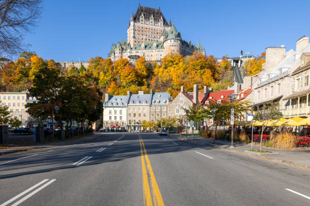Quebec City, Quebec, Canada - 2022-10-16 : Quebec City and Chateau Frontenac Hotel, Canada in Autumn Season view from the ground.