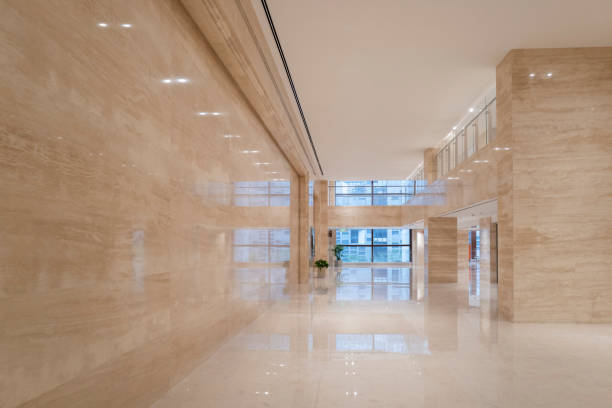 A corridor with marble walls