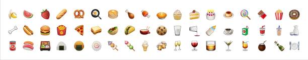 Print Food and fruit vector emoji illustration. Food and beverages, fruits symbols, emojis, emoticons, stickers, icons Vegetables, cakes, vector illustration flat icons set, collection. Vector 10eps. emoji stock illustrations