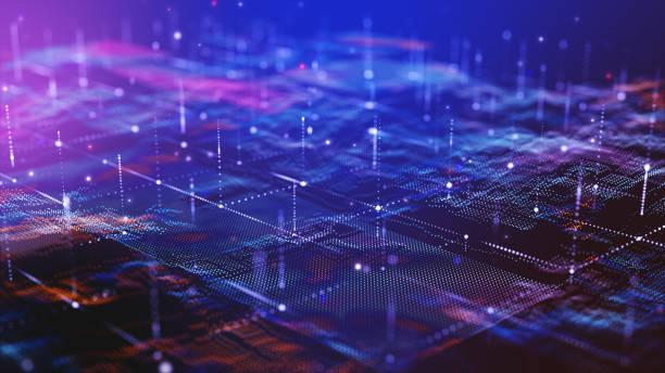 istock Glow blue futuristic digital technology landscape. Glow colourful particle background. 2169526665