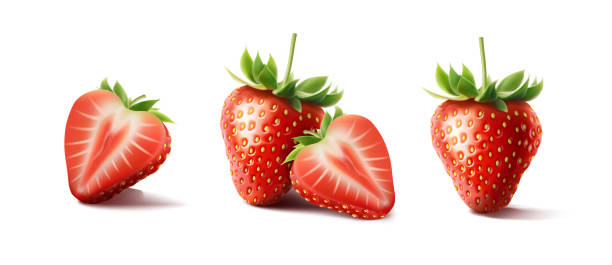 istock 3d realistic vector icon. set of red strawberries, half of strawberry, whole strawberry. Isolated on white background. 2169528844