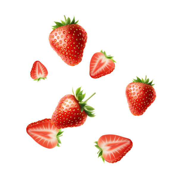 3d realistic vector illustration banner. Falling red strawberries. Isolated on white background. 3d realistic illustration banner. Falling red strawberries. Isolated on white background. strawberry stock illustrations