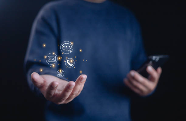 istock Contact customer support. show icon on palm (address, phone, email, call) help from mail websites. mobile communication contact service digital technology 2169528988