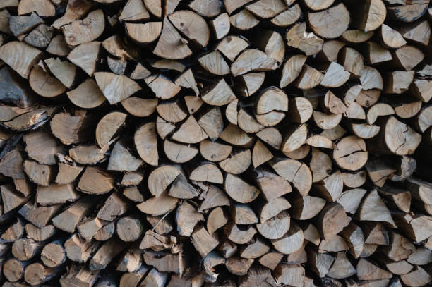A close-up view of a neatly stacked pile of cut firewood logs, showcasing the textures and colors of the wood. The arrangement of the logs highlights the natural patterns and grain of the timber, evoking a rustic and earthy atmosphere.