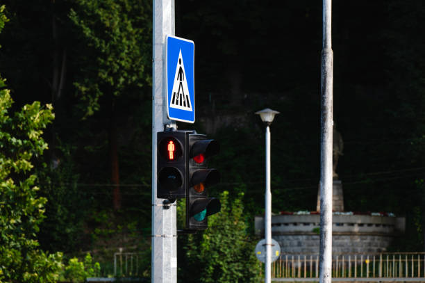 A pedestrian traffic light displays a red signal, indicating stop, at a crosswalk. The scene is set against a background of greenery and urban elements, including street lamps and a road sign.