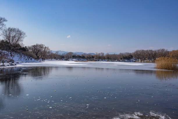 Old summer palace in a cold winter day with the frozen lake and yellow trees a long the coast.