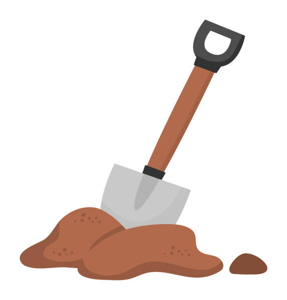ilustraciones, imágenes clip art, dibujos animados e iconos de stock de pala vectorial atascada en la ilustración del suelo aislada sobre fondo blanco. icono de pala plana con mango de madera. herramienta o equipo de jardín vectorial, campamento, arqueólogo o paleontólogo - arqueología