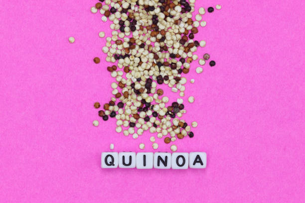 Quinoa seeds scattered on pink background. With the word quinoa