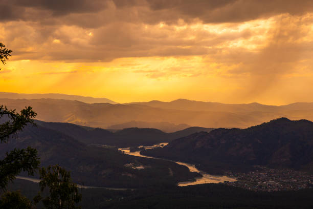 Beautiful landscape - mountain river in sunset in Altai. High quality photo